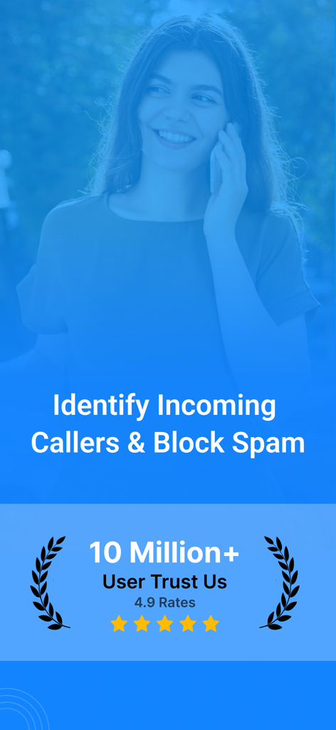 Caller App : Caller ID & Block - Pantalla promocional de Caller App mostrando el titular Identifica Llamadas Entrantes y Bloquea Spam con una calificación de 4.9 estrellas