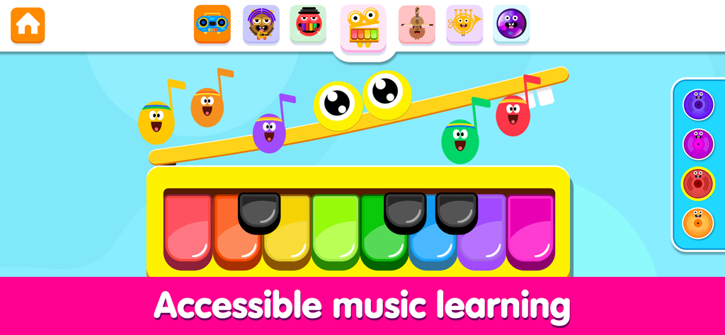 Piano Game - Music & Sounds - Colorful kids piano app interface with animated musical notes and instrument icons