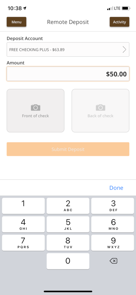 BankWest SD Mobile Banking - Remote check deposit interface of BankWest SD Mobile Banking app