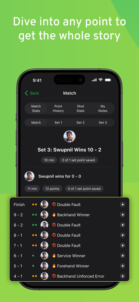 SwingVision: Tennis Pickleball - A detailed point-by-point match history on the SwingVision app showing shot types such as backhand winners and service winners.