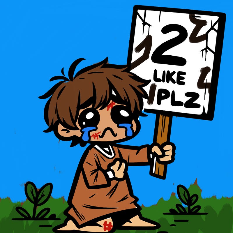 small poor toddler crying with sign that says 2 like plz