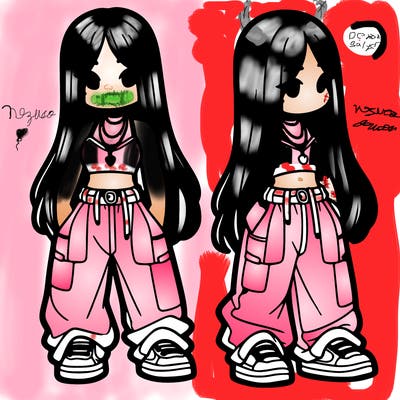 girl in baggy pants crop top and long hair