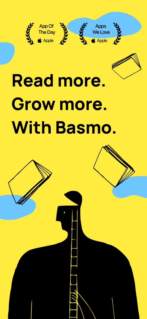 Basmo.Reading Tracker,Book Log - Promotional graphic for Basmo reading tracker featuring Apple App of the Day awards and growth mindset illustration