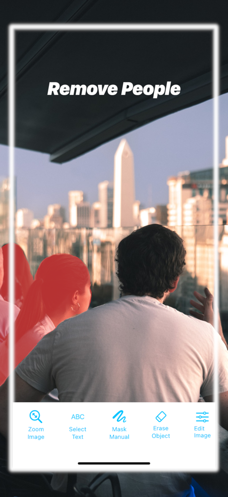 Interfaz de aplicación de edición de fotos que muestra a una persona resaltada en rojo para ser eliminada de una foto del horizonte de la ciudad
