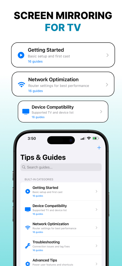Screen Mirroring TV Cast+ - Screen Mirroring TV Cast app interface showing tutorial categories for setup, network optimization, and troubleshooting