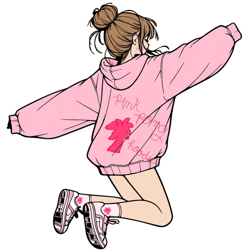 realistic girl jumping with a bun and oversized sweatshirt