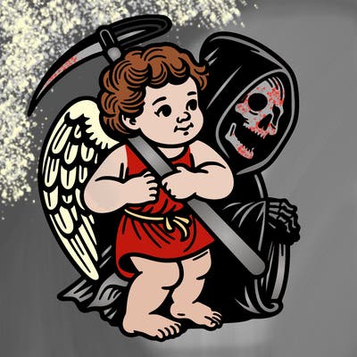 cherub with grim reaper head