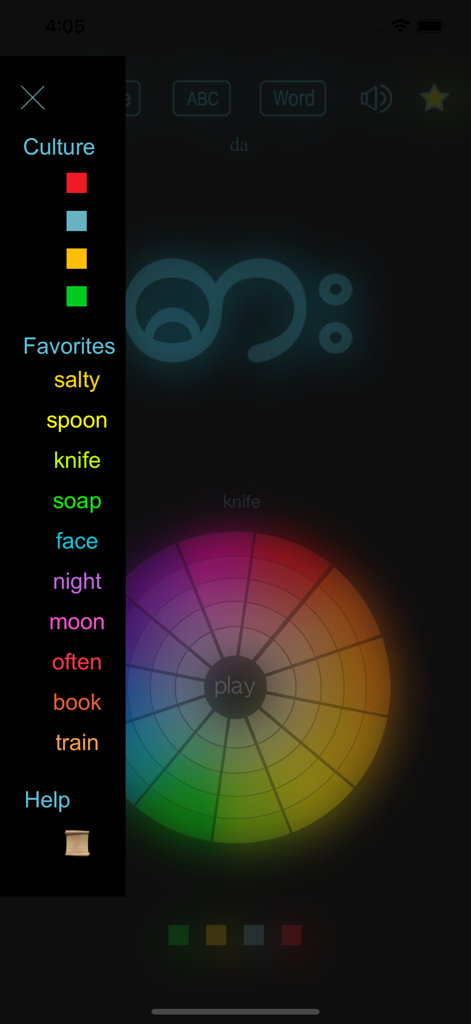 The favorites menu and learning interface of the Learn Burmese Handwriting app