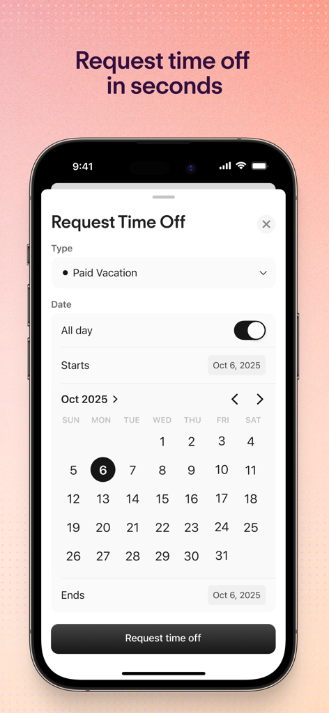 Mobile app interface of Personio showing a paid vacation request form with a calendar view.
