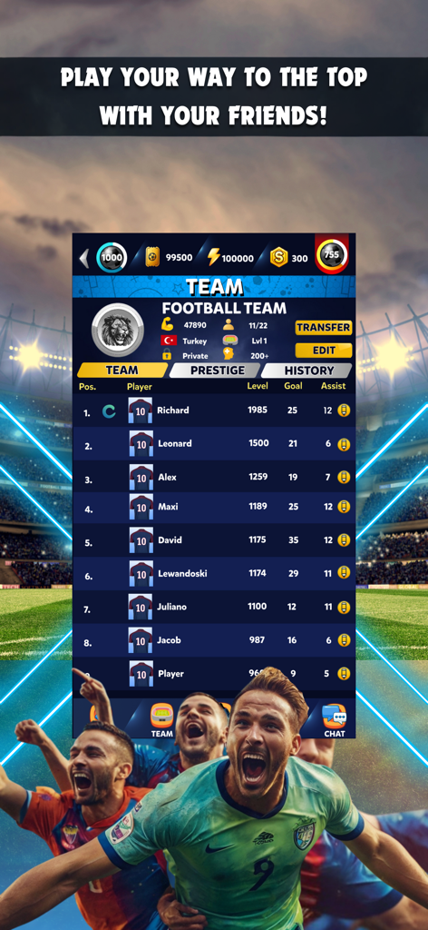 Football Mates: Soccer Game - Football Mates soccer game team roster and player statistics screen