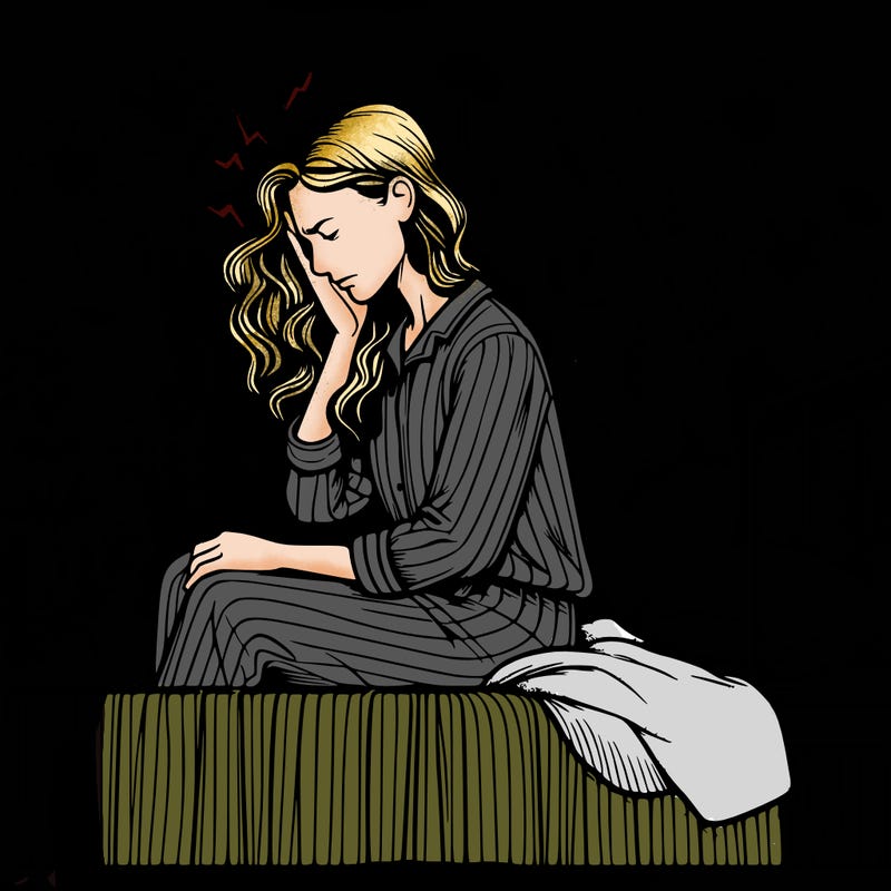 realistic woman sitting on a bed in chiari malformation pain
