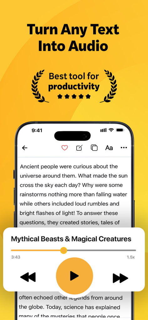 AI Text to Speech by Listenify - Interfaz de la aplicación móvil Listenify que muestra texto convirtiéndose en audio con controles de reproducción