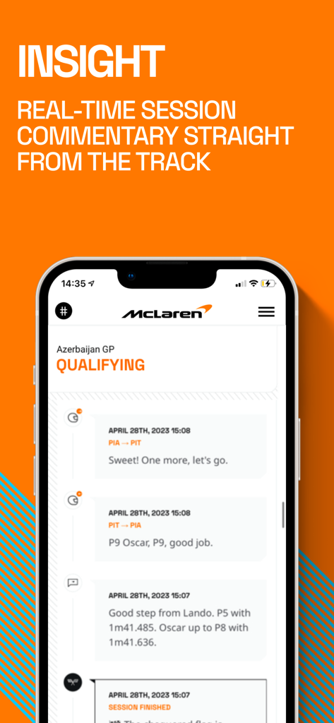 Un smartphone mostrando la app de McLaren Racing con comentarios de sesión de F1 en tiempo real e información de pilotos