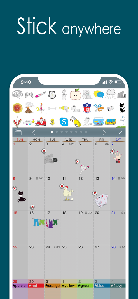 Écran d'iPhone montrant l'application Awesome Calendar avec une variété d'autocollants colorés placés sur une vue mensuelle du calendrier