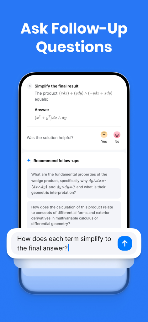 Captura de pantalla de la interfaz de la aplicación Solvely que muestra un chat interactivo para hacer preguntas de seguimiento sobre problemas matemáticos complejos