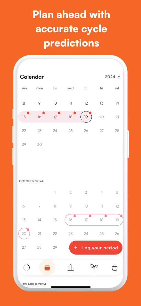 Asan Period Tracker mobile App zeigt einen Monatskalender mit genauen Zyklusvorhersagen