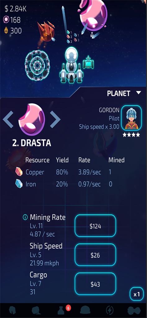 Idle Planet Miner - Interfaccia di gestione per il pianeta Drasta in Idle Planet Miner che mostra i rendimenti delle risorse e le opzioni di potenziamento per la velocità di estrazione e la velocità delle navi