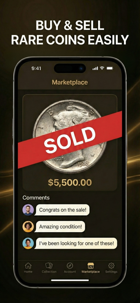 CoinOn - coin value identifier - 가격표와 사용자 댓글이 있는 판매된 희귀 코인을 특징으로 하는 CoinOn 앱 마켓플레이스의 인터페이스