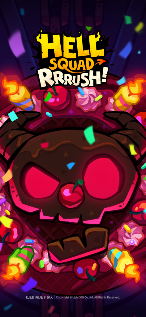 Hellsquad Rrrush title screen featuring a cute demonic skull cake with confetti and candles
