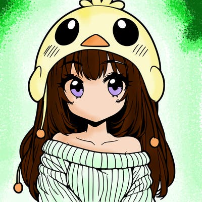 anime girl with chick shaped hat with sweater with bare shoulders with bangs covering them one eye with low tail