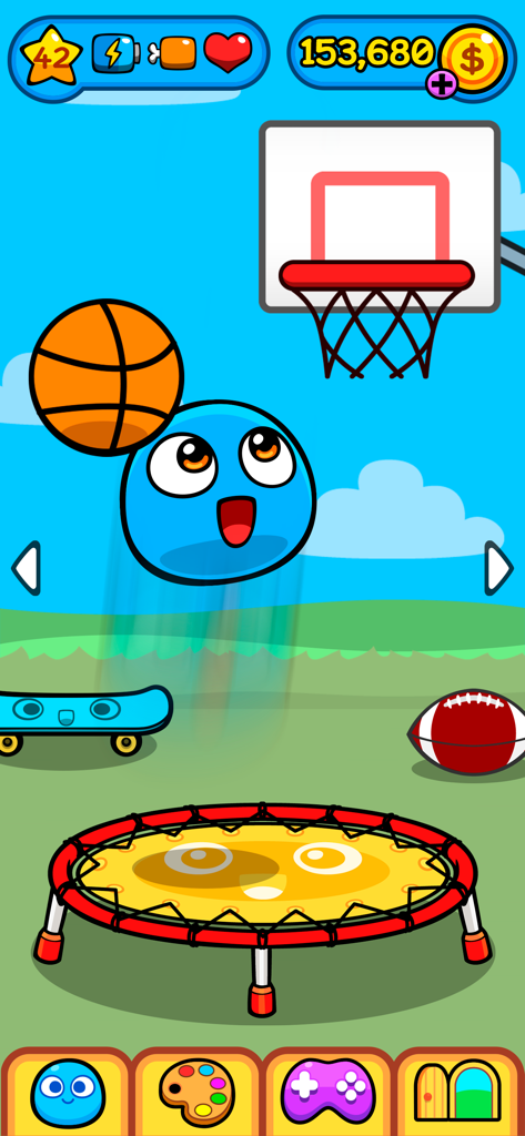 My Boo: Virtual pet Take care - A cute blue virtual pet named Boo jumping on a trampoline with a basketball and skateboard outdoors