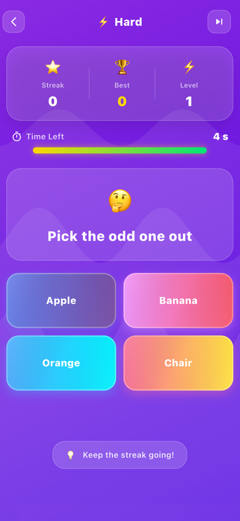 Say The Word On The Beat - Gameplay screenshot of the rhythm puzzle app showing an odd one out challenge with words Apple Banana Orange and Chair on a purple background.