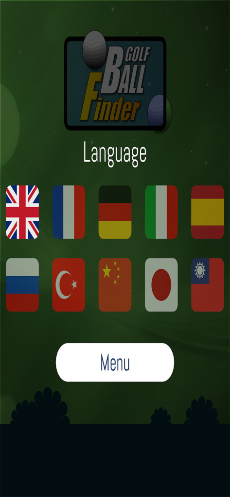 Golf Ball Finder - Language selection screen in the Golf Ball Finder app showing flags for different countries and a menu button