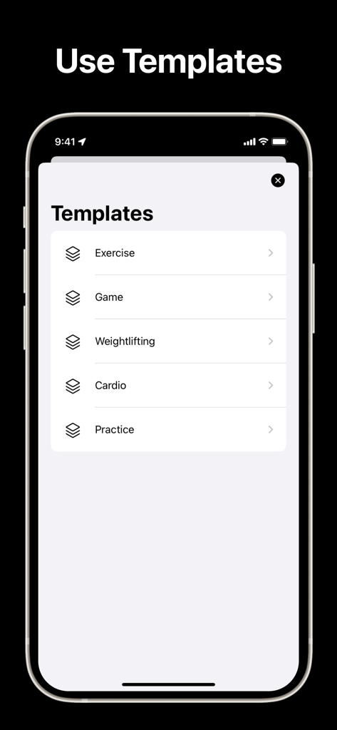 StatSheet app interface showing a list of reusable stat tracking templates for games and practice
