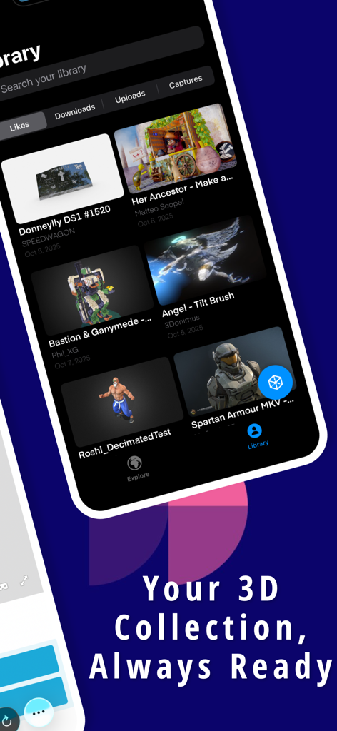 The library screen of the Fab3D app displaying a curated collection of saved 3D models and character assets.