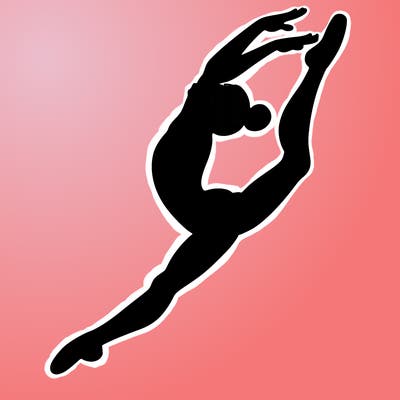 gymnast doing a leap in a leotard with a bent back leg