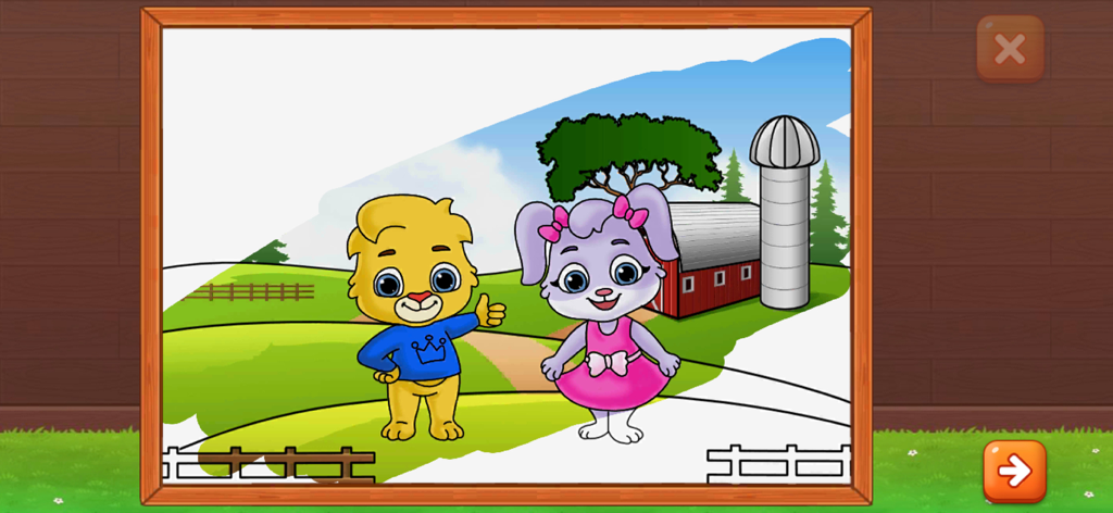 Coloring Games: Painting, Glow - A coloring book page showing a cartoon lion and bunny on a farm.
