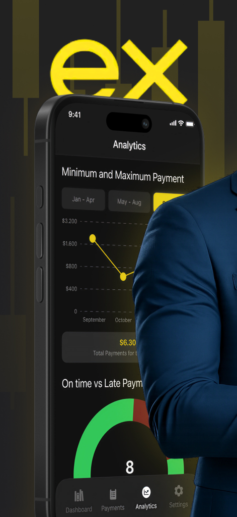 Analyse-Dashboard der RentPay-App mit Diagrammen zu Mietzahlungen und Statistiken zur Zahlungshistorie