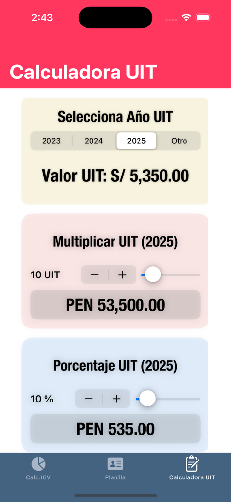 Calculadora IGV Sunat - Interfaz de la aplicación calculadora de impuestos de Perú que muestra el valor unitario de la UIT para 2025 y opciones para multiplicar o calcular porcentajes.