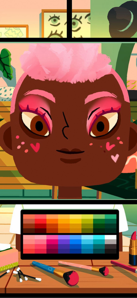 Toca Boca Hair Salon 4 NETFLIX - Toca Boca 헤어 살롱 4에서 메이크업 스테이션을 사용하는 분홍색 머리와 메이크업을 한 캐릭터