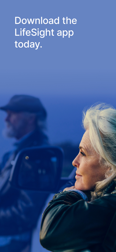 LifeSight Pension GB app download screen featuring a professional woman looking ahead