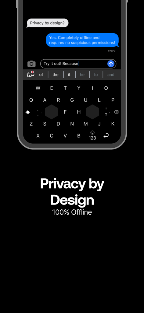 Typewise keyboard interface demonstrating privacy by design with 100 percent offline features