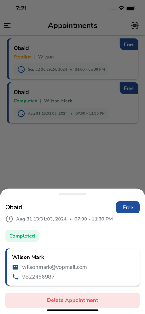 nCard - nCard App-Oberfläche, die eine Liste geplanter und abgeschlossener Termine mit Kontaktdaten anzeigt