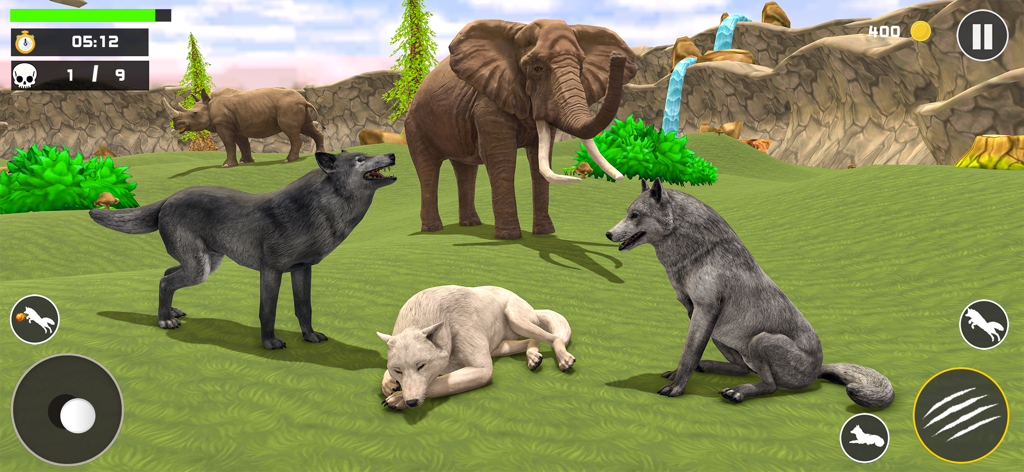 Wolf Game: Wild Hunting Sim - Jugabilidad del simulador de lobos en 3D con varios lobos y un elefante en un entorno salvaje