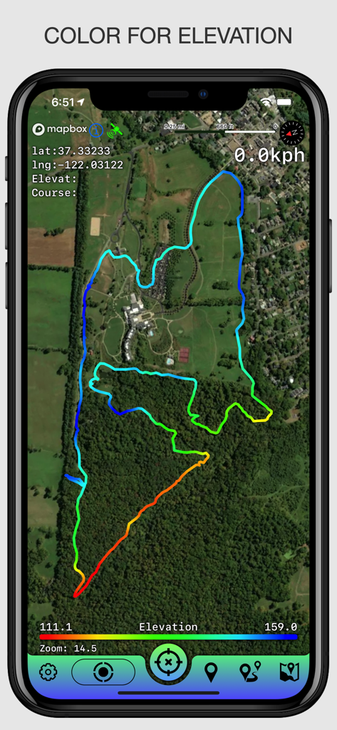 Offline Maps: GPS Tracker GPX - GPS Tracker App zeigt eine farbcodierte Höhenroute auf einer Satellitenkarte an
