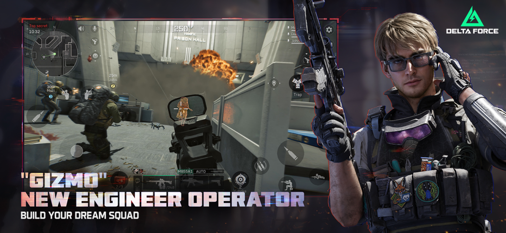 Imagen promocional del juego móvil Delta Force presentando al Operador Ingeniero Gizmo con escenas de gameplay tácticas.