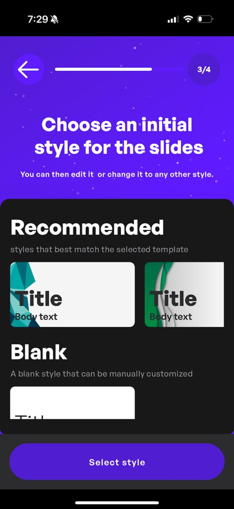AI Presentation Generator - AI Presentation Generator app interface for choosing slide styles and templates