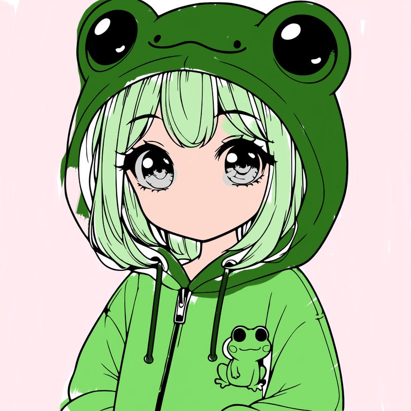 cute realistic girl in a froggy hoodie