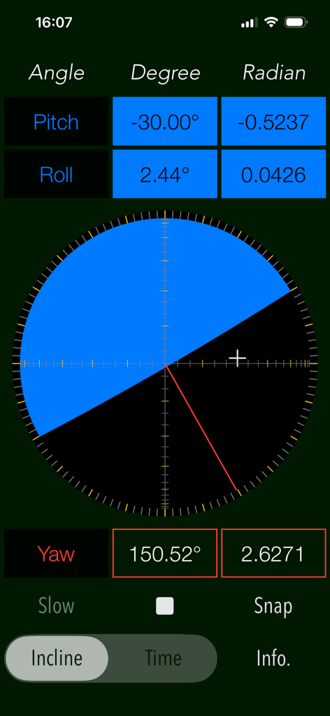 Interface of the ClinoScope app showing 3D inclination with pitch roll and yaw measurements