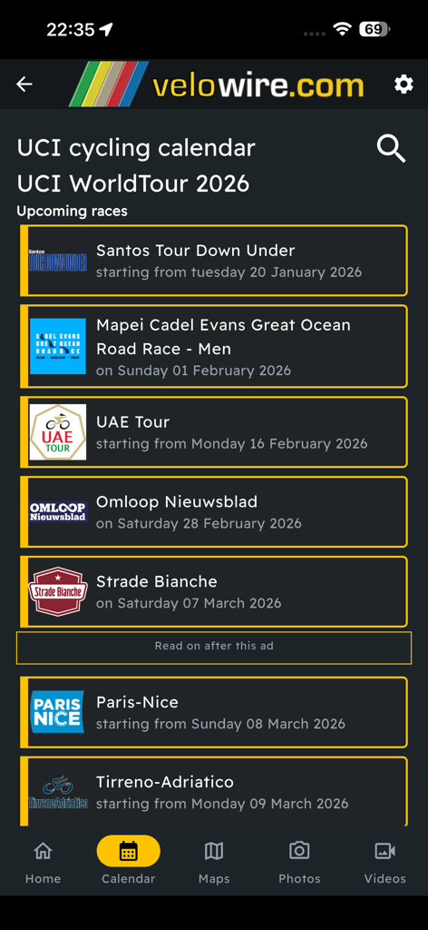 velowire - UCI WorldTour 2026 racing calendar list in the velowire mobile app.