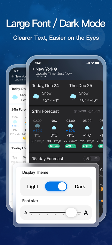 Interfaz de la aplicación MojiWeather que muestra el tema de visualización en modo oscuro y la configuración de tamaño de fuente grande ajustable para una mejor legibilidad.