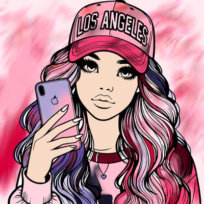 realistic beautiful girl wearing los ángeles cap holding an iphone