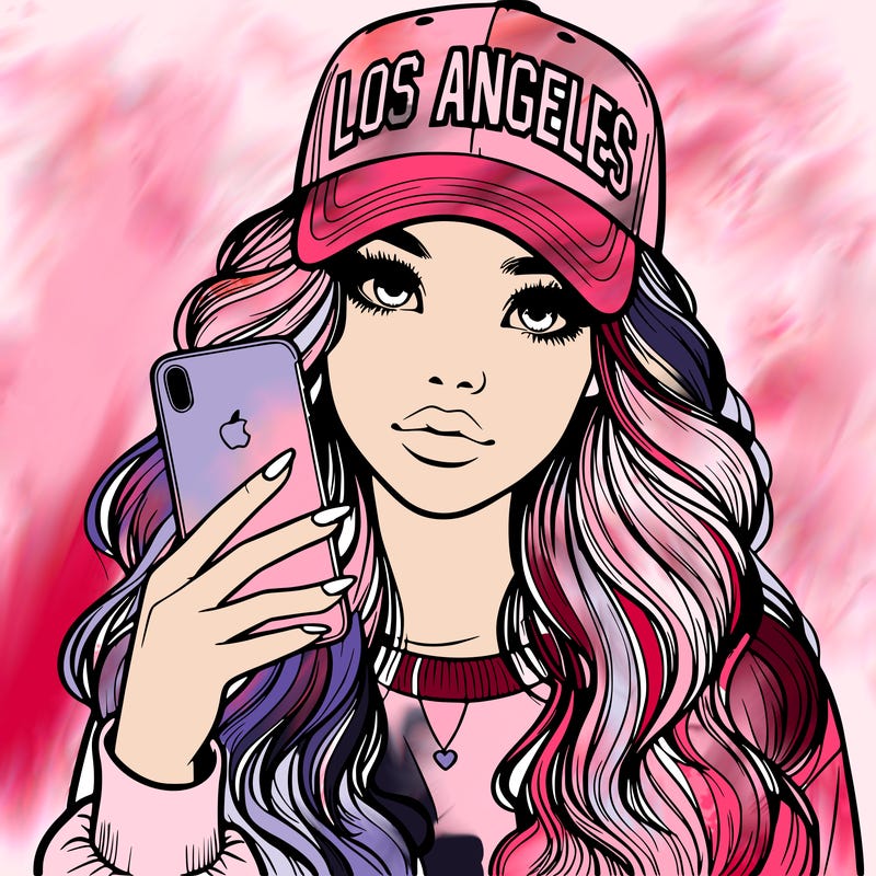 realistic beautiful girl wearing los ángeles cap holding an iphone