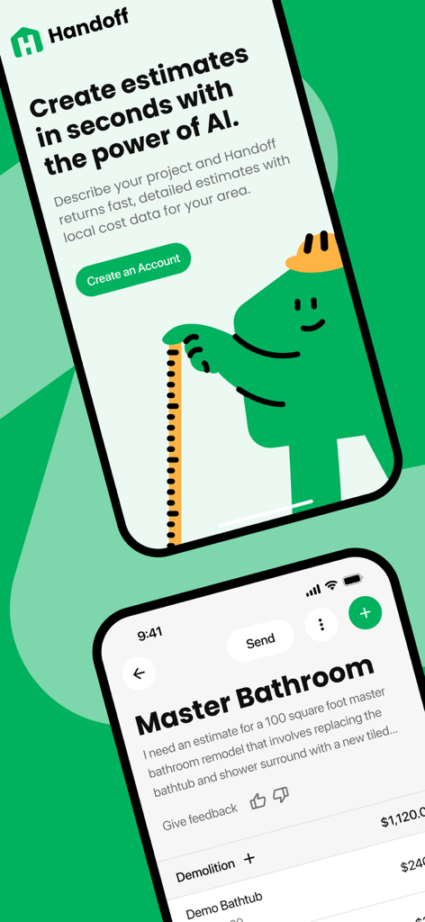 Handoff Construction Estimator - Handoff app interface showing AI driven construction estimates and a master bathroom remodel project proposal