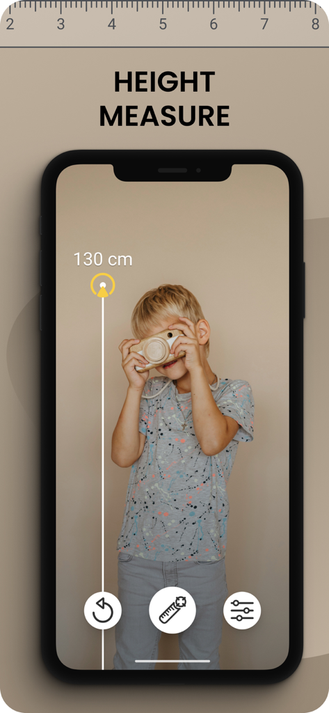 Ruler AR - Tape Measure Camera - Ruler AR app interface showing a virtual measurement of a childs height on an iPhone screen