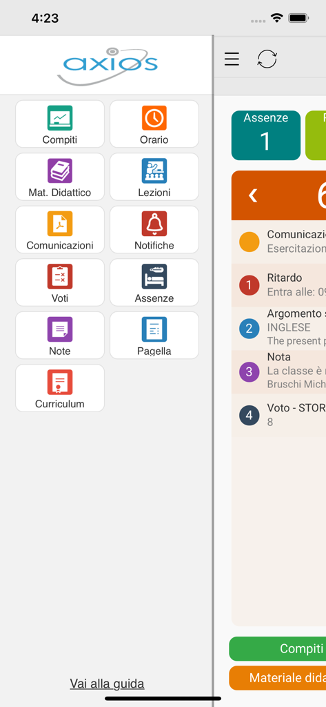 Axios Registro Elettronico ALU app dashboard featuring academic menu icons like grades and schedule